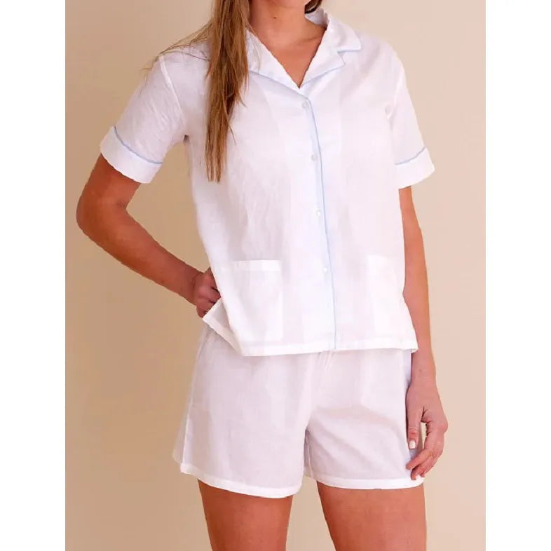 Iris Cotton PJ Short Set, Tiffany Blue Piping